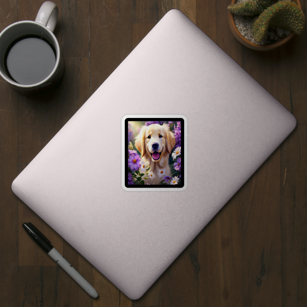 Cute Golden Retriever Surrounded by Beautiful Flowers by BirdsnStuff